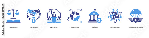 Government Reform web banner icon vector illustration for topics on budget deficits, constitutional law, corruption, government executives, proportional systems, political reform, and globalization.