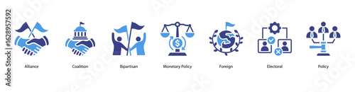 Global Politics web banner icon vector illustration for democracy, international alliances, coalitions, bipartisan systems, monetary policy, and foreign political engagement.