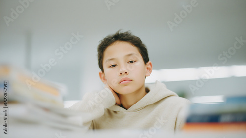 やる気のない表情で参考書を見つめる男子小学生　無気力な学習風景