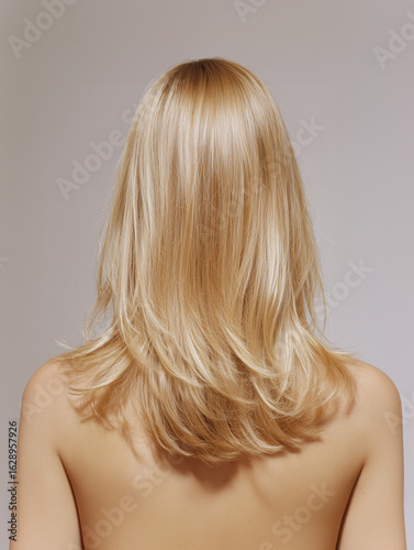 セミロングのレイヤーカット　ブロンドヘアの女性の後ろ姿