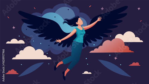 A cloud of darkness and heaviness lifts allowing a young woman to spread her wings and fly away from the shackles of fear and anxiety..