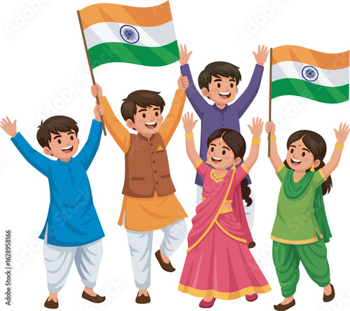 Happy Indian children in traditional clothing celebrating and waving Indian flags.