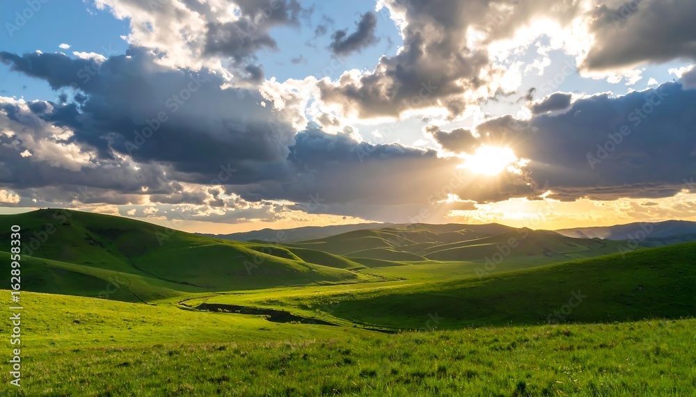 Obraz premium Lush green landscape at sunset