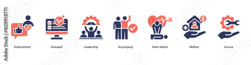 Leadership Acts web banner icon vector illustration featuring Endorsement, Outreach, Leadership, Accompany, Heart Attack, Welfare, and Service.