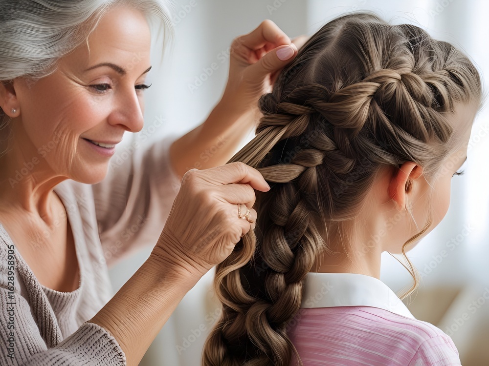 Fototapeta premium Loving grandmother skillfully braids her granddaughter s long hair creating a beautiful intricate hairstyle together