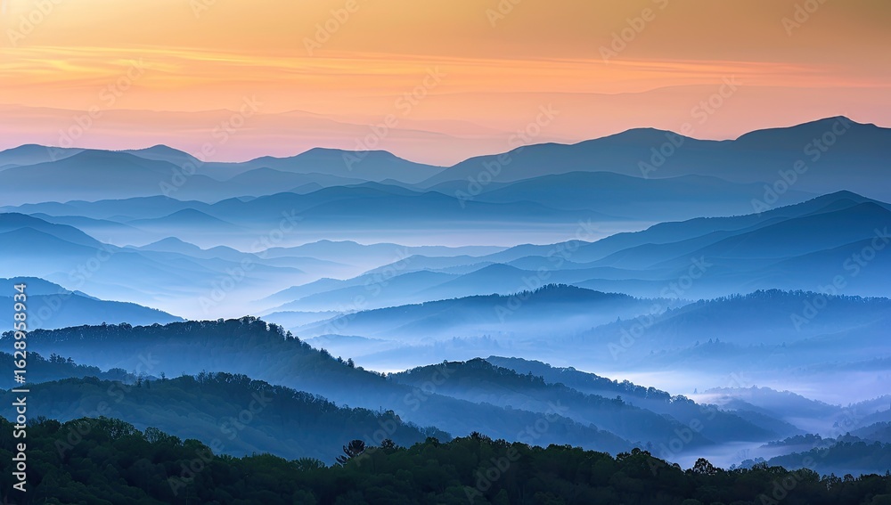 Fototapeta premium Misty sunrise mountain range vista, scenic overlook