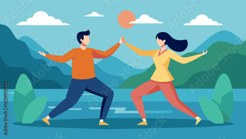 A couple holds hands as they perform a synchronized Tai Chi routine by the waters edge their love and connection evident in their tranquil. Vector illustration