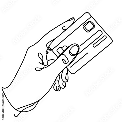 Hand holding credit card in minimalist line art style  