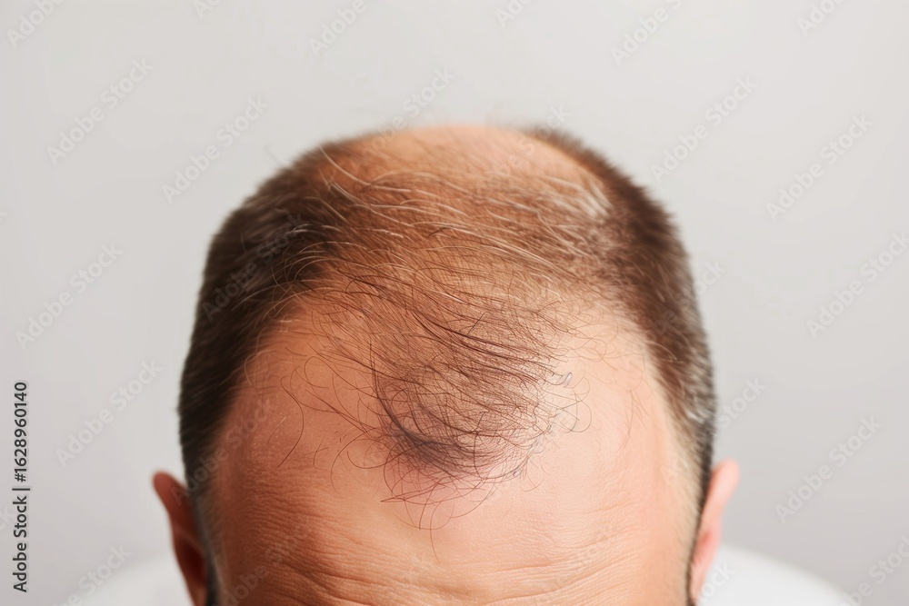 Fototapeta premium Faceless male head showing receding hairline, clean background, hair loss concept for men, balding issue visual.