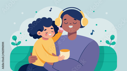 A parent and child cuddled up on a lazy Sunday morning swaying and singing along to a kids song through the same headphones. Vector illustration
