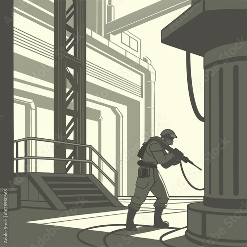 GrayScale Soldier Patrolling Industrial Complex