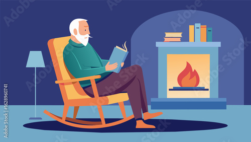 A grandfather sitting in his rocking chair pausing from his book to stretch his legs by the fireplace.. Vector illustration
