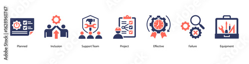 Team Mission web banner icon vector illustration featuring Planned, Inclusion, Support Team, Project, Effective, Failure, and Equipment.