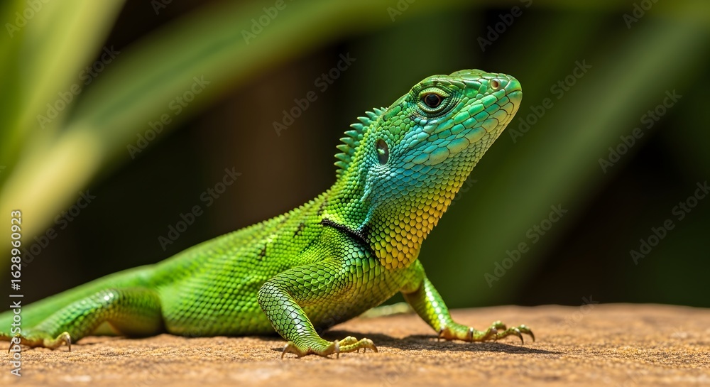 Fototapeta premium Vibrant Green Lizard basking in natural light, showcasing its striking colors and textured skin in a lush outdoor environment, a symbol of tropical wildlife and adaptability.