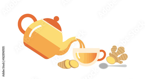 Vector Illustration of Ginger Tea with Teapot and Sliced Ginger
