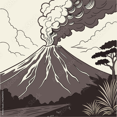 Grey Scale Volcano Eruption Illustration
