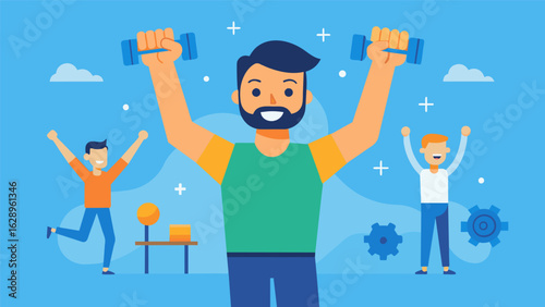 A beginner feeling motivated and inspired as the coach leads them through a challenging but achievable fitness routine.. Vector illustration