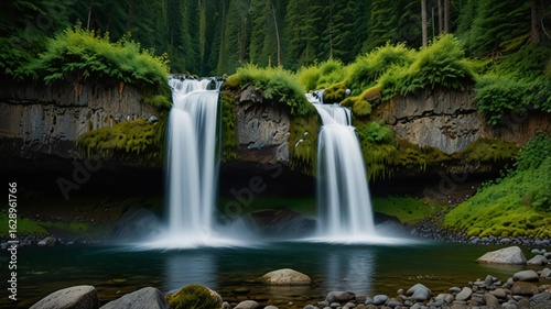 Majestic twin waterfalls cascading down mossy cliffs into a serene pool