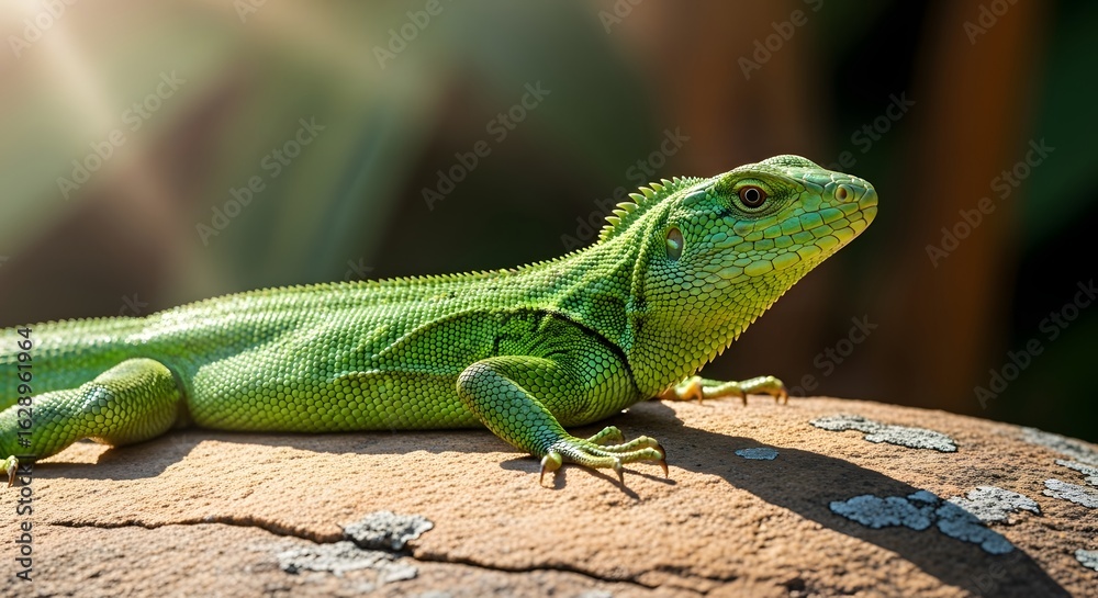 Fototapeta premium Vibrant Green Basilisk Lizard Basking on a Sun-Drenched Rock, Showcasing Tropical Wildlife and Reptile Beauty in Natural Habitat.