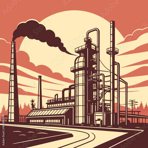Industrial Factory at Sunset: Red and Beige Illustration