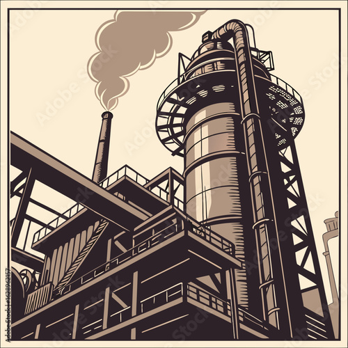 Industrial Factory Complex with Tall Smokestack and Metal Structures