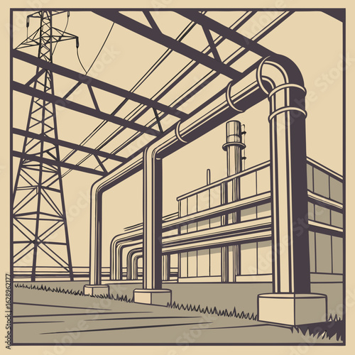 Industrial Factory Exterior with Power Lines and Pipes