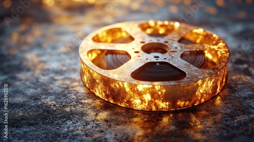 Rusty film reel, glowing orange