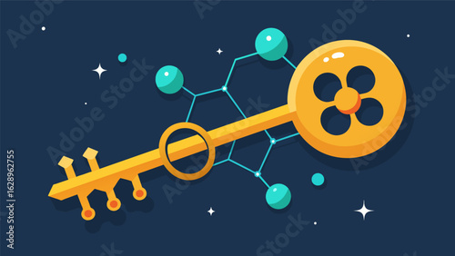 A digital animation of a golden key morphing into ketamine molecules highlighting the transformation or expansion of consciousness..