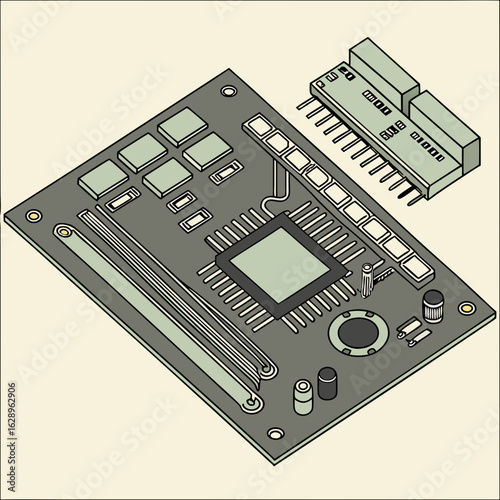 Isometric Illustration of a Circuit Board with Integrated Components