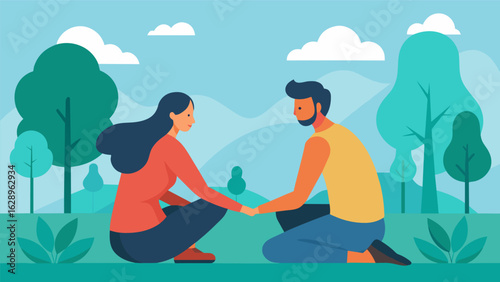 A couple sits in a park holding hands as they have an honest and open conversation reaching a breakthrough in their struggle to communicate and.