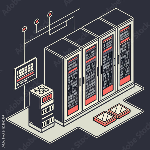 Isometric Illustration of a Data Center with Servers and Network Equipment