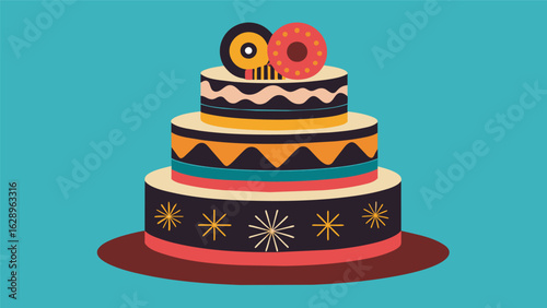 A cake decorated with handpainted designs of popular record album covers stacked high and accented with edible gold foil. Vector illustration