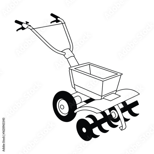 Hand drawn illustration of a garden tiller with a seed hopper