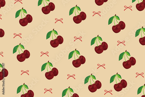 Seamless Vector Pattern with Fresh Red Cherries, Green Leaves, and Cute Decorative Bows for Fruit Design