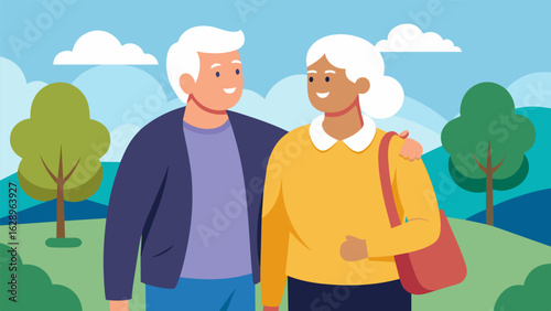 A duo of elderly friends walking arm in arm reminiscing about their favorite memories from past walks.. Vector illustration