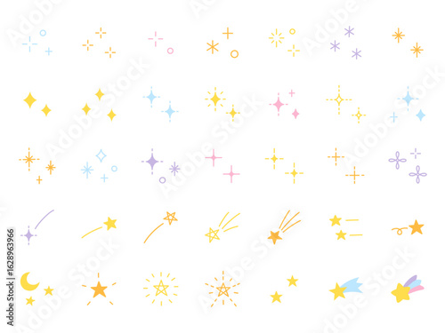 かわいいアイコンセットのベクターイラスト。星、キラキラ、輝き、流れ星、飾り