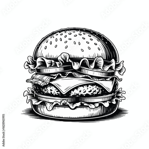 Detailed hand drawn sketch of a delicious gourmet burger