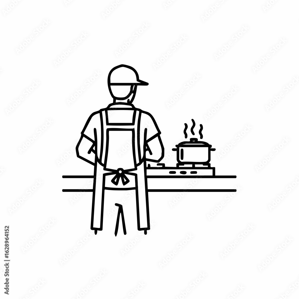 Fototapeta premium Person Cooking in Apron with Steaming Pot in Minimalist Kitchen Setting for Cooking Blogs, Culinary Education, Recipe Websites, and Home Cooking Awareness 