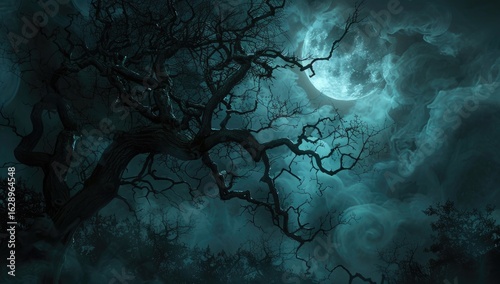 Night scene spooky tree, full moon, dark forest, Halloween backdrop