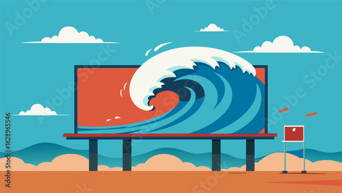 A billboard depicting a massive wave about to crash onto a beach with the words Dont ignore the signs. Prepare for disasters..