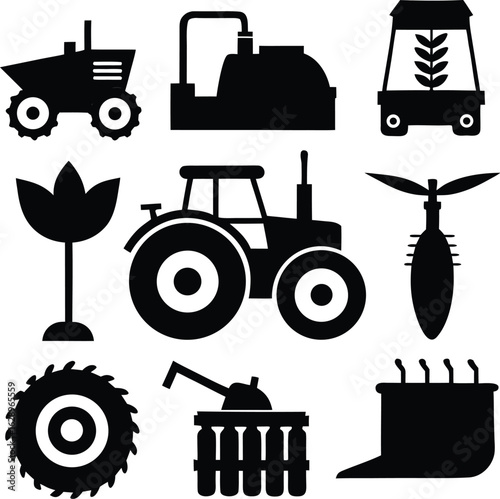 Black farm equipment and plant icons tractor combine harvester