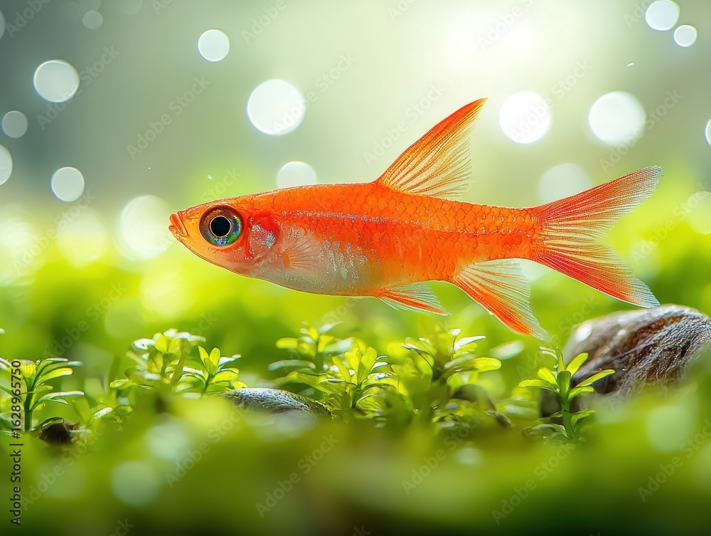 Fototapeta premium Vibrant orange fish in a lush green aquarium