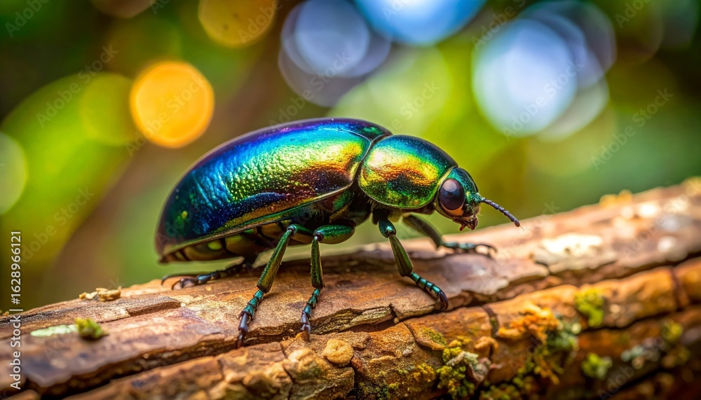 Fototapeta premium Vibrant Jewel Beetle on textured bark