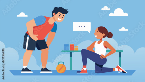 A beginner taking a break during a challenging workout with the coach offering words of encouragement and support.. Vector illustration