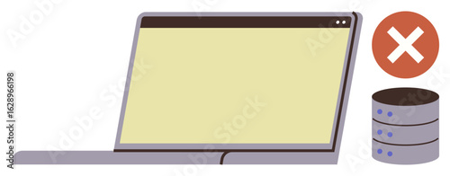 Laptop screen, database server, red error mark indicating connectivity issue, data management failure. Ideal for IT, technology, server, cloud computing, troubleshooting data security errors