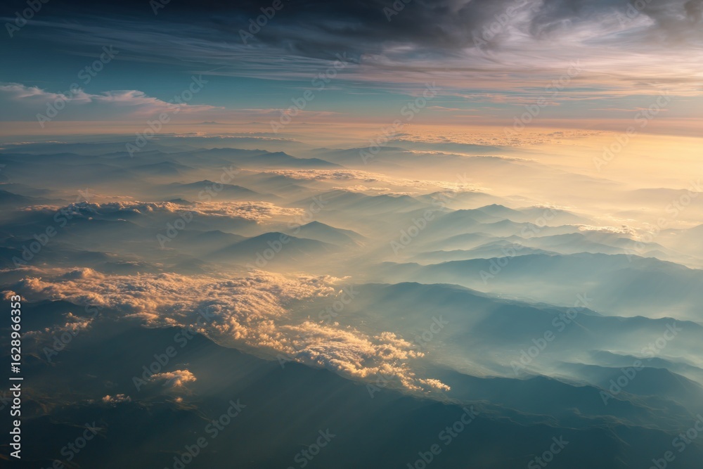 Obraz premium Mountains emerge from a sea of mist, bathed in the warm light of sunrise or sunset.