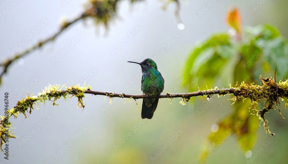 Fototapeta premium Hummingbird perched on mossy branch