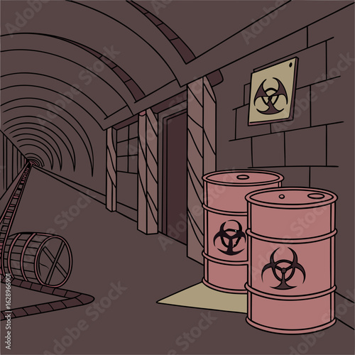 Dark Underground Tunnel with Biohazard Barrels