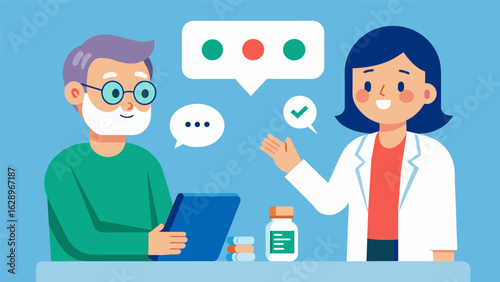 A cartoon of a doctor and patient discussing proper medication usage with speech bubbles showing key points about controlled dosing..