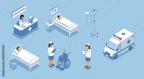 Isometric Illustration of a Hospital Environment With Medical Staff and Care Units